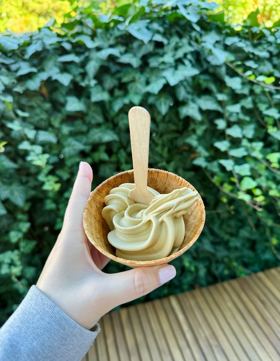 Mano che tiene una coppetta di gelato soft verde.